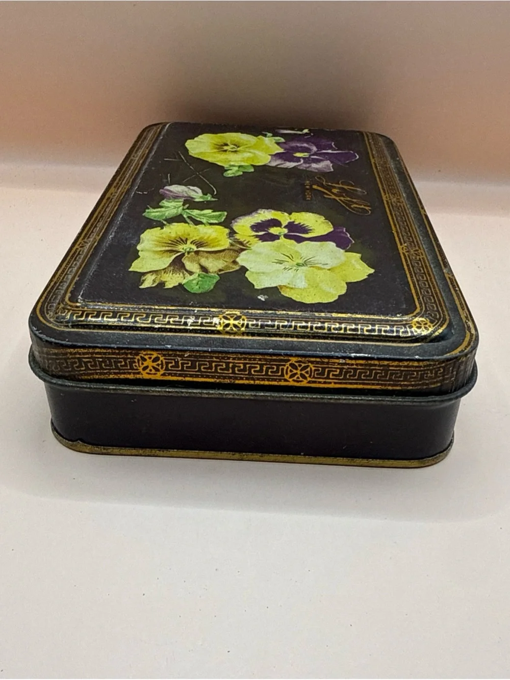 Antique Advertisement Tin Chocolate Candy Box Pansy Flowers LOFT NY Flip Top Lid